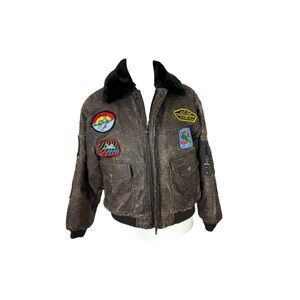 WII Style Bomber Jacket Boys XL (12-14) Brown Distressed Patches Flight Coat.